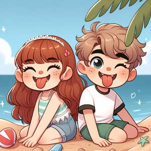 Wavy Hair Girl and Curly Hair Boy Playfully Sticking Tongues Out at Beach