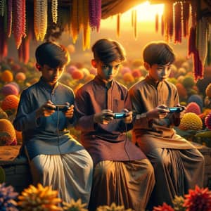 Diverse Young Boys in Traditional Lunghis Gaming in Colorful Setting