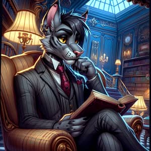Anthropomorphic Feline Character Reading Book in Victorian Hotel Setting
