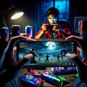 Intense Mobile Gaming Session in Dimly Lit Room | Battle Royale Experience
