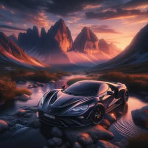 Majestic Black Sports Car Silhouetted in Twilight Mountains