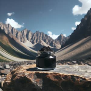 Black Shilajit Jar on Rock Table in Mountains