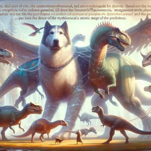 Mythical Dog and Prehistoric Dinosaurs Interaction - Fantastical Scene