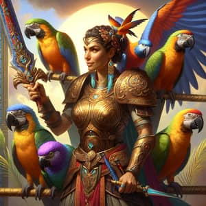 Middle-Eastern War Goddess with Rainbow Parrots - Battle Preparation