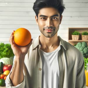 Healthy South Asian Man Holding Bright Orange | Fresh Lifestyle