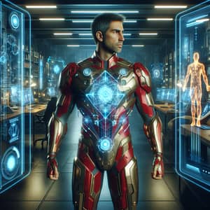 Futuristic Red & Gold Armor Suit in High-Tech Room