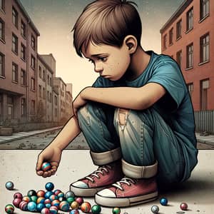 Sad Boy Holding Marbles | Urban Residential Scene Illustration