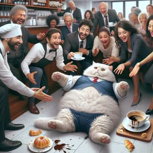 Humorous Cafe Scene with Fluffy British Cat Waiter Mishap