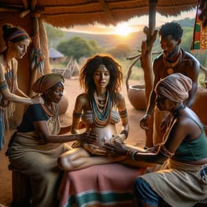 African Village Childbirth Scene: Diverse Support and Tradition