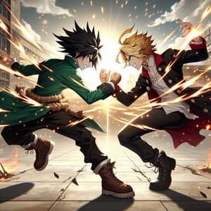 Intense Anime-Style Battle Scene with Black-Haired and Blonde Characters