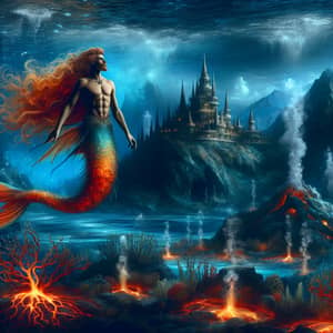 Merman with Tan Skin and Long Red Hair Living Deep Underwater