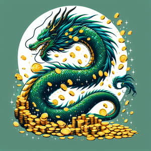 Magnificent Emerald-Green Dragon with Long Tail and Golden Coins