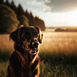 Medium-sized Dog on Grassy Field in Warm Sunset Light