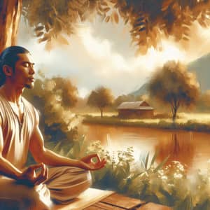 Tranquil South Asian Man Meditating in Nature Painting