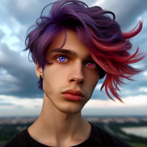 Young Man with Unusual Purple and Red Hair and Striking Eyes