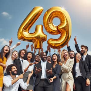 Diverse Group Celebrating with Number 49 Gold Balloon