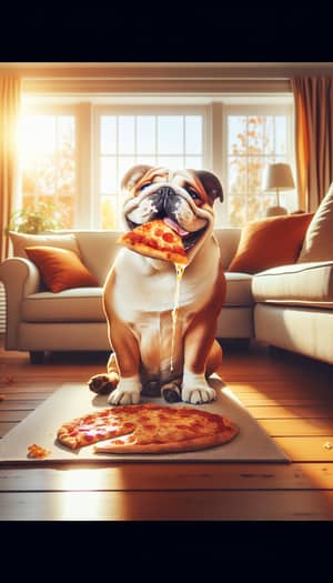 Playful Bulldog Enjoying Pizza in Cozy Living Room