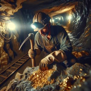 Hispanic Miner Extracting Gold in Dimly-Lit Underground Mine