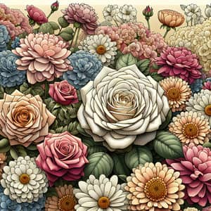 Large Floral Drawing with Diverse Flowers including Roses