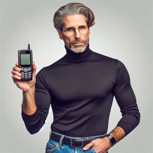 Stylish Man with Salt-and-Pepper Hair and Smartphone Device