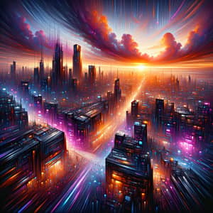 Futuristic Cyberpunk Cityscape at Sunset | Vibrant Impressionist Scene