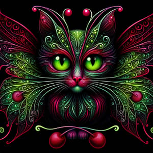 Cherry Red Cat with Neon Green Eyes and Butterfly Wings