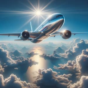 Commercial Airplane Soaring High in Sunny Sky