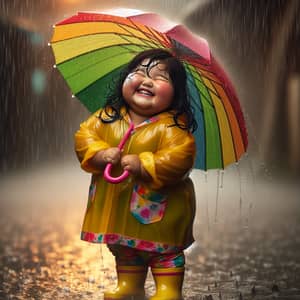 Chubby South Asian Girl Delights in Rain with Rainbow Umbrella