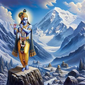 Hindu Deity Krishna Standing on Stone in Himalayas