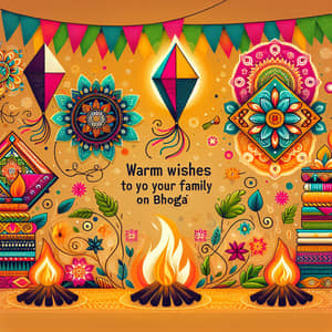 Festive Bhogi Greeting with Bonfires and Rangoli Designs