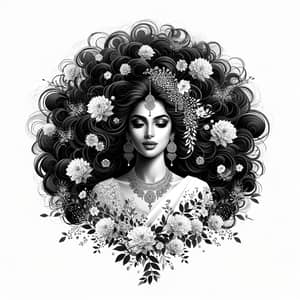 Contemporary Black and White Wall Art: South Asian Woman with Abundant Hair and Flowers