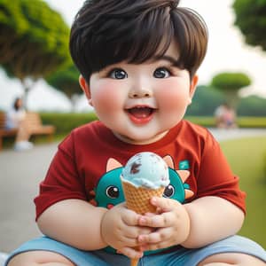 Charming Chubby Asian Boy Enjoying Ice Cream in the Park