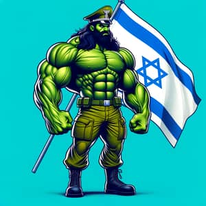 Comic Book Style Green Muscular Giant Holding Israeli Flag