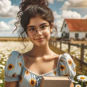 Charming 14-Year-Old Hispanic Girl in Sunflower Print Dress