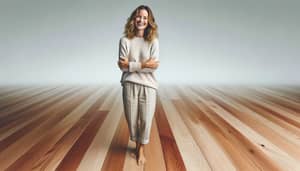 Beautiful Caucasian Woman Smiling Barefoot on Hardwood Floor
