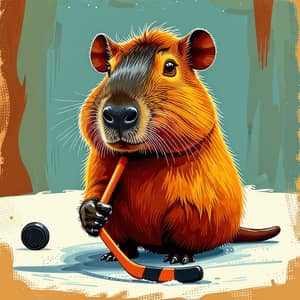 Adorable Capybara with Hockey Stick - Playful Animal Character