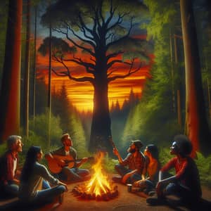 Campfire Gathering at Sunset in the Enchanted Forest