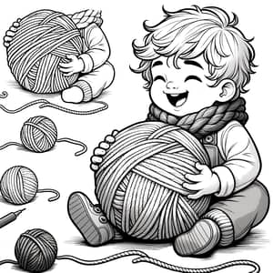 Child Playing with Woolen Ball | Vector Drawing for Printing