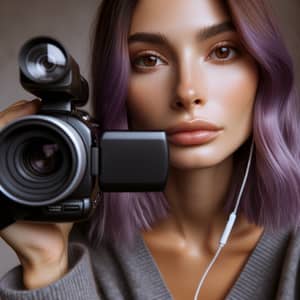 Captivating Video: Violet-Haired Woman with Camcorder
