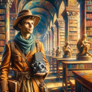 Curious Explorer in Ancient Library - Steampunk Inspired Scene