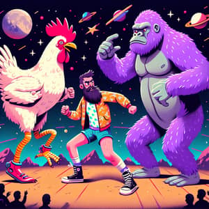 Outer Space Dance Showdown: Man-Chicken vs Purple Gorilla vs Beard Man