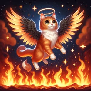 Winged Cat Flying Above Fire - Mythical Creature Image