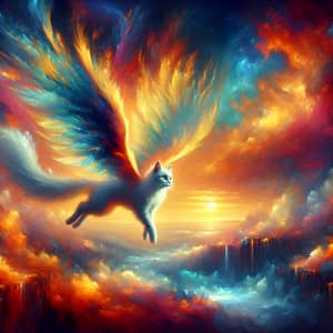 Vibrant Winged Feline in Surreal Landscape | Fantasy Art
