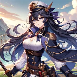 Heroic Dark-Haired Character in Navy Attire with a Sword