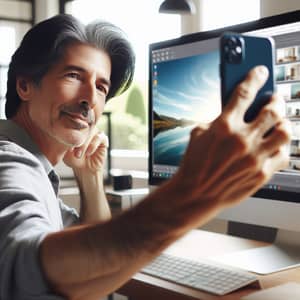 Mature Man Taking Selfie in Front of PC | Work from Home