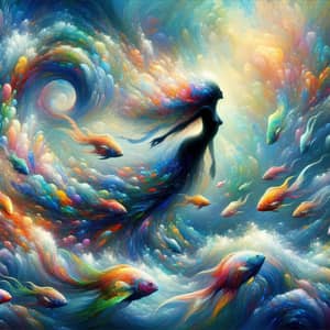 Surreal Underwater Scene with Black Mermaid and Colorful Fish