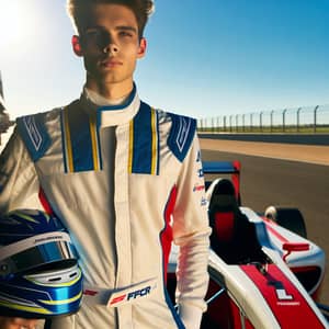 Professional Formula Racing Driver in White Suit and Blue Helmet