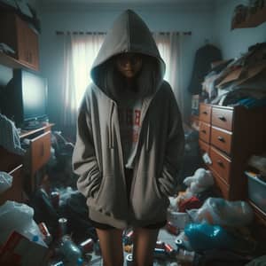 South Asian Girl in Cluttered Room with Hoodie and Shorts