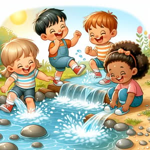 Joyful Cartoon Children Playing in a Gentle Stream
