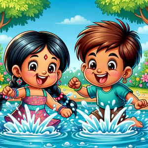 Cartoon Children Playing in Water | Fun Water Play Illustration